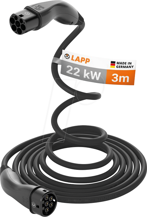 LAPP 75749 - Typ 2 Kabel, für E-Fahrzeuge, 22 kW, 32 A, 3 Ph, Helix, 3 m