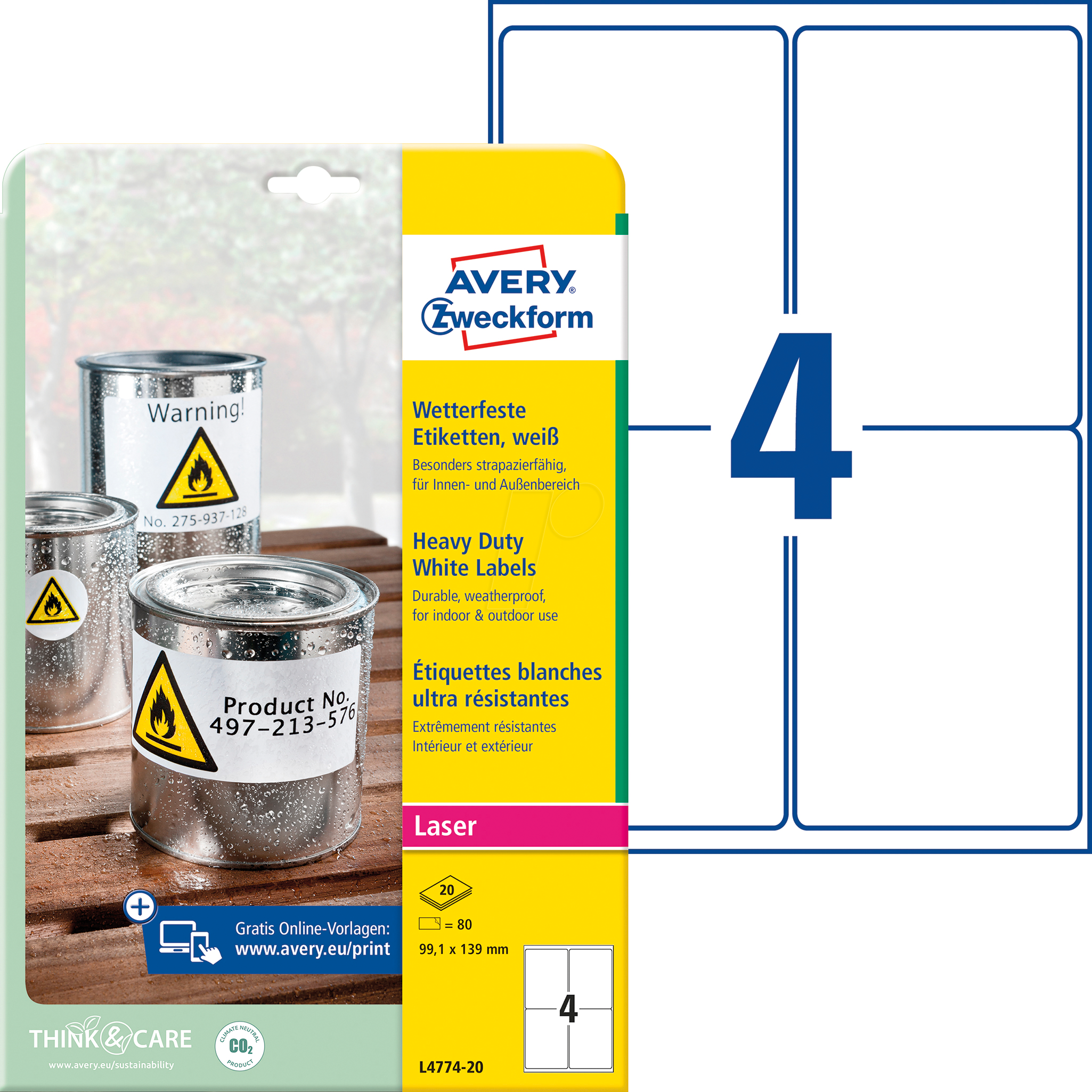 AVZ L4774-20 - Folien-Etiketten, wasserfest, 99,1 x 139 mm, 80 Stück, weiß
