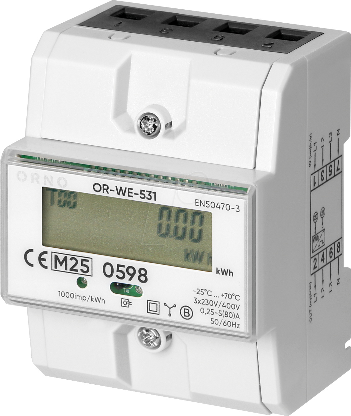 ORNO OR-WE-531 - 3 Phasen Hutschiene Stromzähler, MID geeicht, 80A, 4, 3 TE
