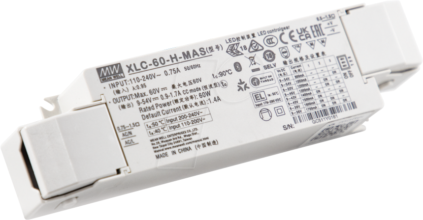MW XLC-60-48-MAS - LED-Netzteil, 60 W, 48 V, 1,25 A, Matter, CV, Zugentlast.