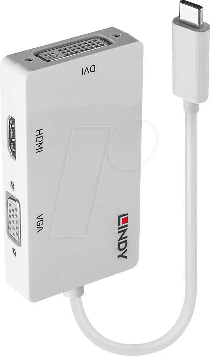 LINDY 43273 - Adapter USB C > 1x HDMI,1x DVI,1x VGA, 4K@30 Hz, 13 cm