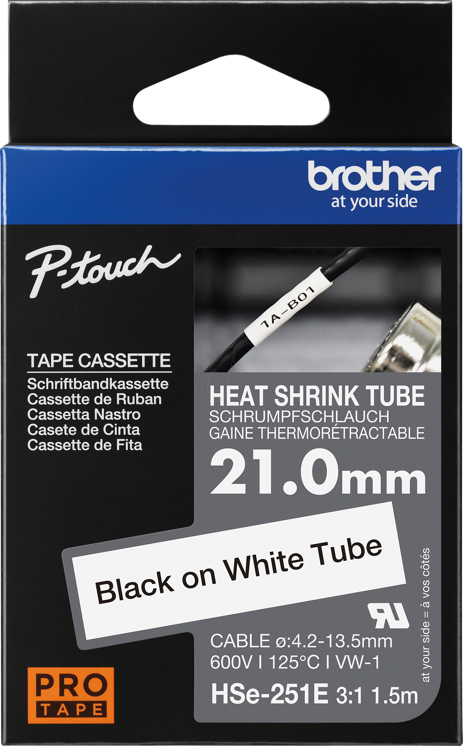 P-TOUCH HSE-251E - Schrumpfschlauch, 3:1, 21 mm x 1,5 m, weiß/schwarz