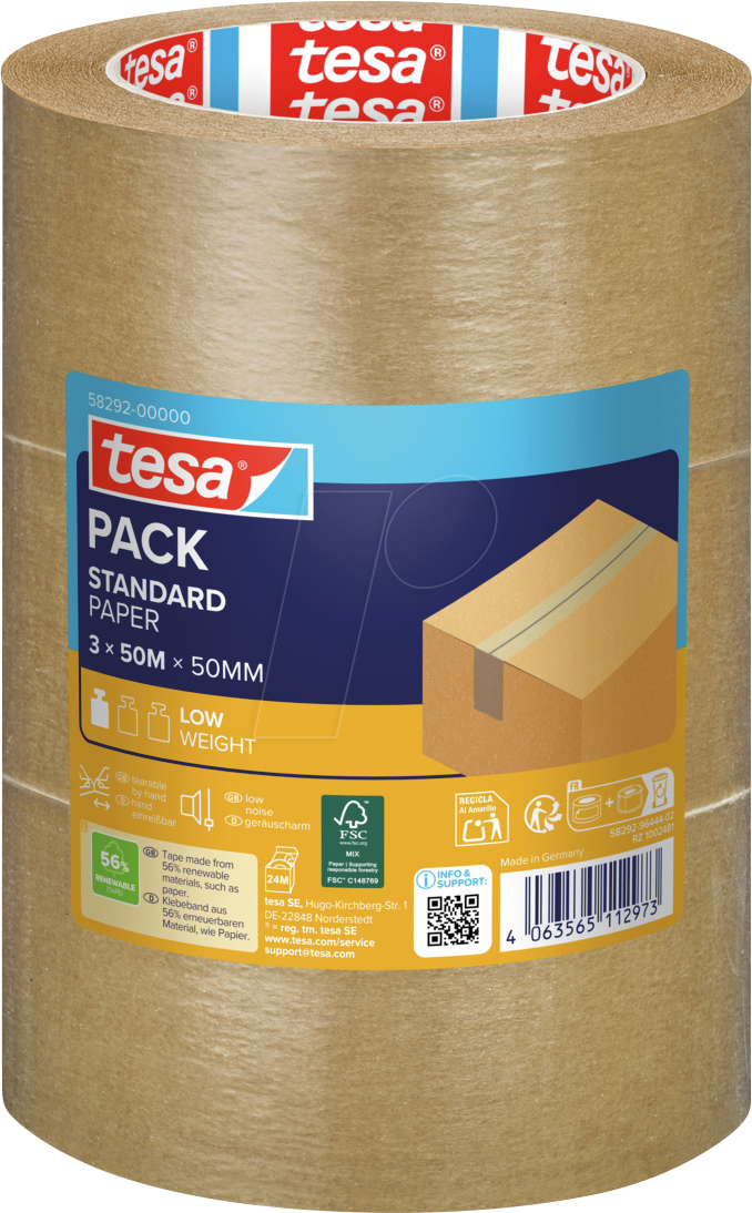 TESA 58292 - tesapack® STANDARD PAPER, 50 m x 50 mm, 3 Rollen