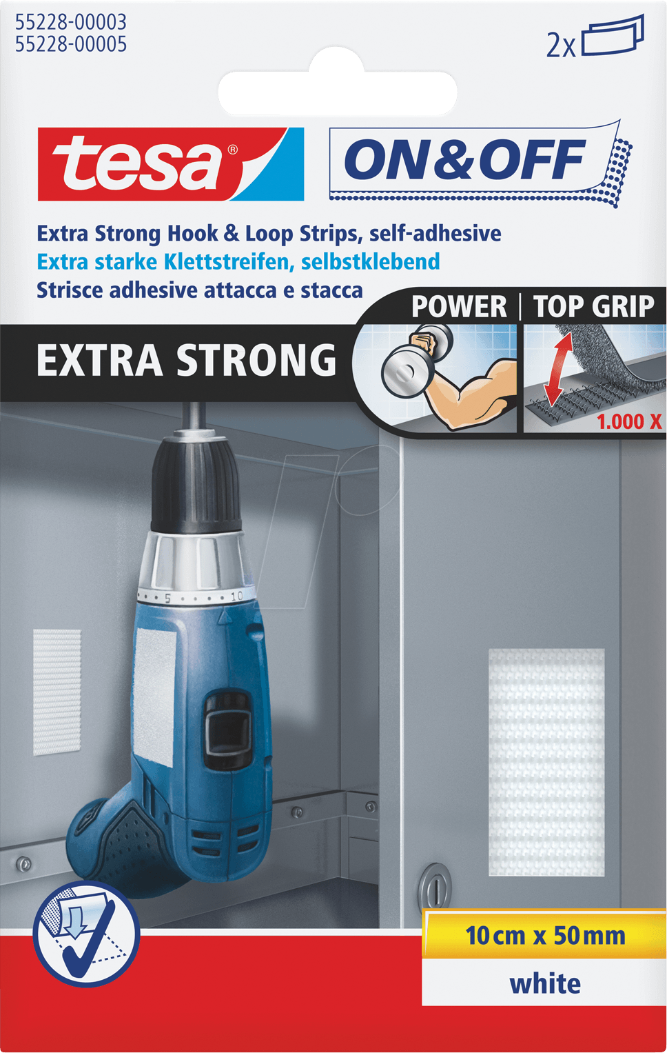 TESA 55228 WS - Klettband, selbstklebend, 100 x 50 mm, weiß, 2er-Pack