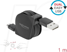 DELOCK 85761 - Sync- & Ladekabel, USB A -> micro-B, 1,0m, aufroll, schwarz