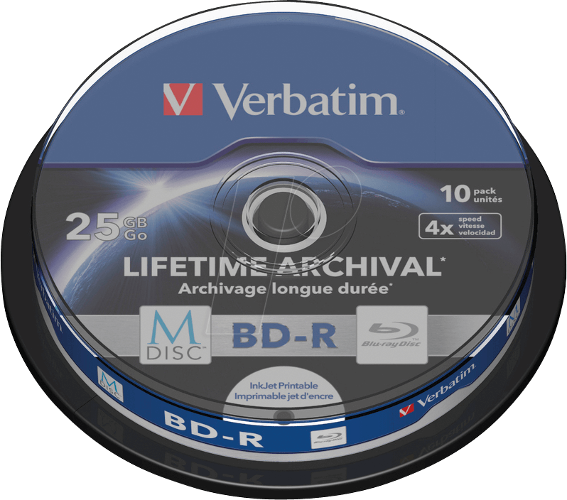 VERBATIM 43825 - BD-R, 25GB, bedruckbar, 10er-Pack (M-DISC)