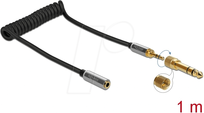 DELOCK 85831 - Klinke 3,5 mm Stecker/Stecker, 1x 6,35mm Adapter, Spiral, 1 m