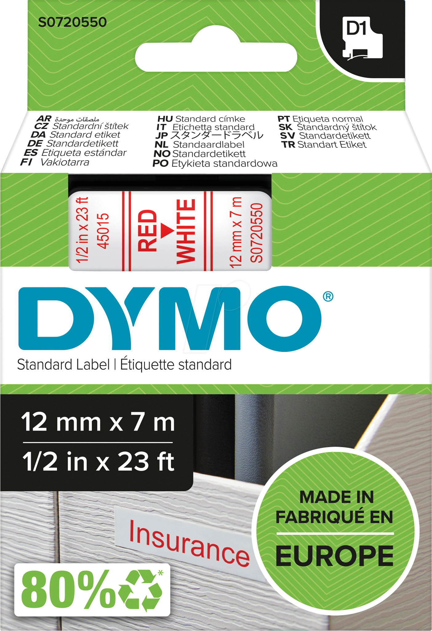 DYMO D1 45015 - DYMO D1 Schriftband, 12mm, rot/weiß