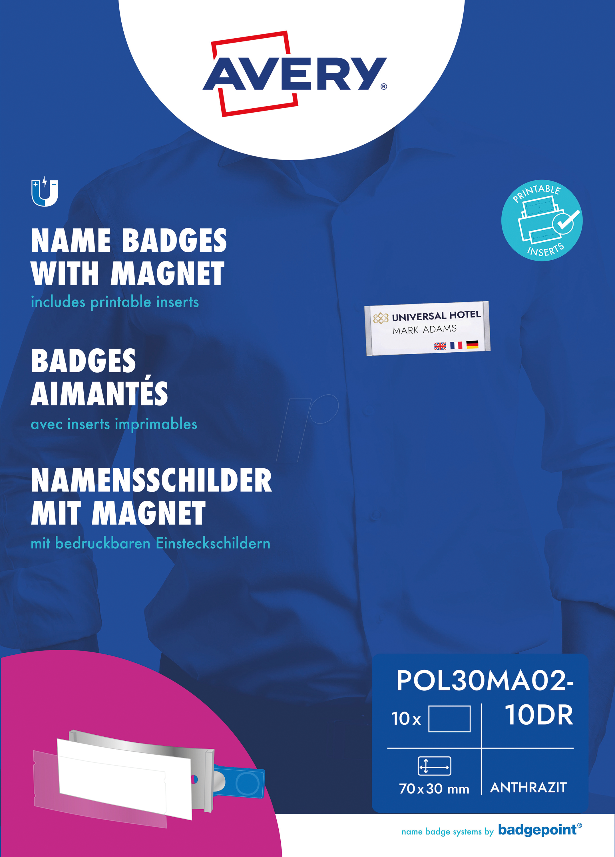 AVZ POL30MA02-10 - Namensschild, 70x30 mm, Magnet, mit Einsteckschilder, 10 Stück