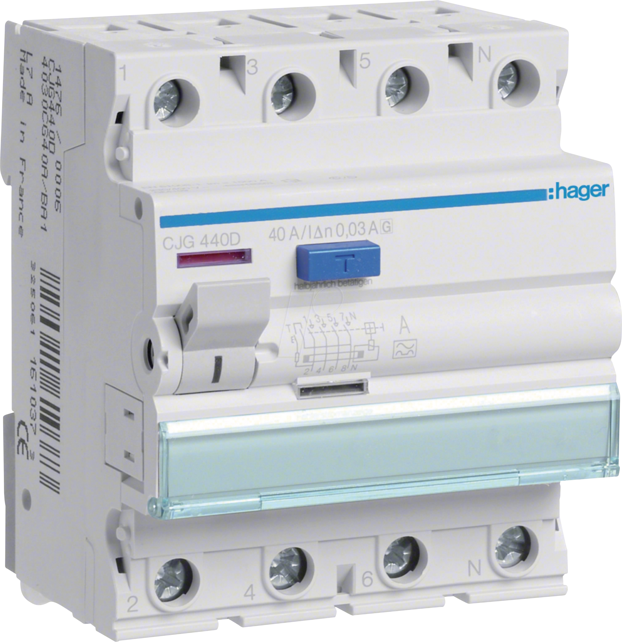 HAGER CJG440D - FI-Schalter 4 polig 6kA 40A 30mA Typ G/A Nennstrom vorsicherbar