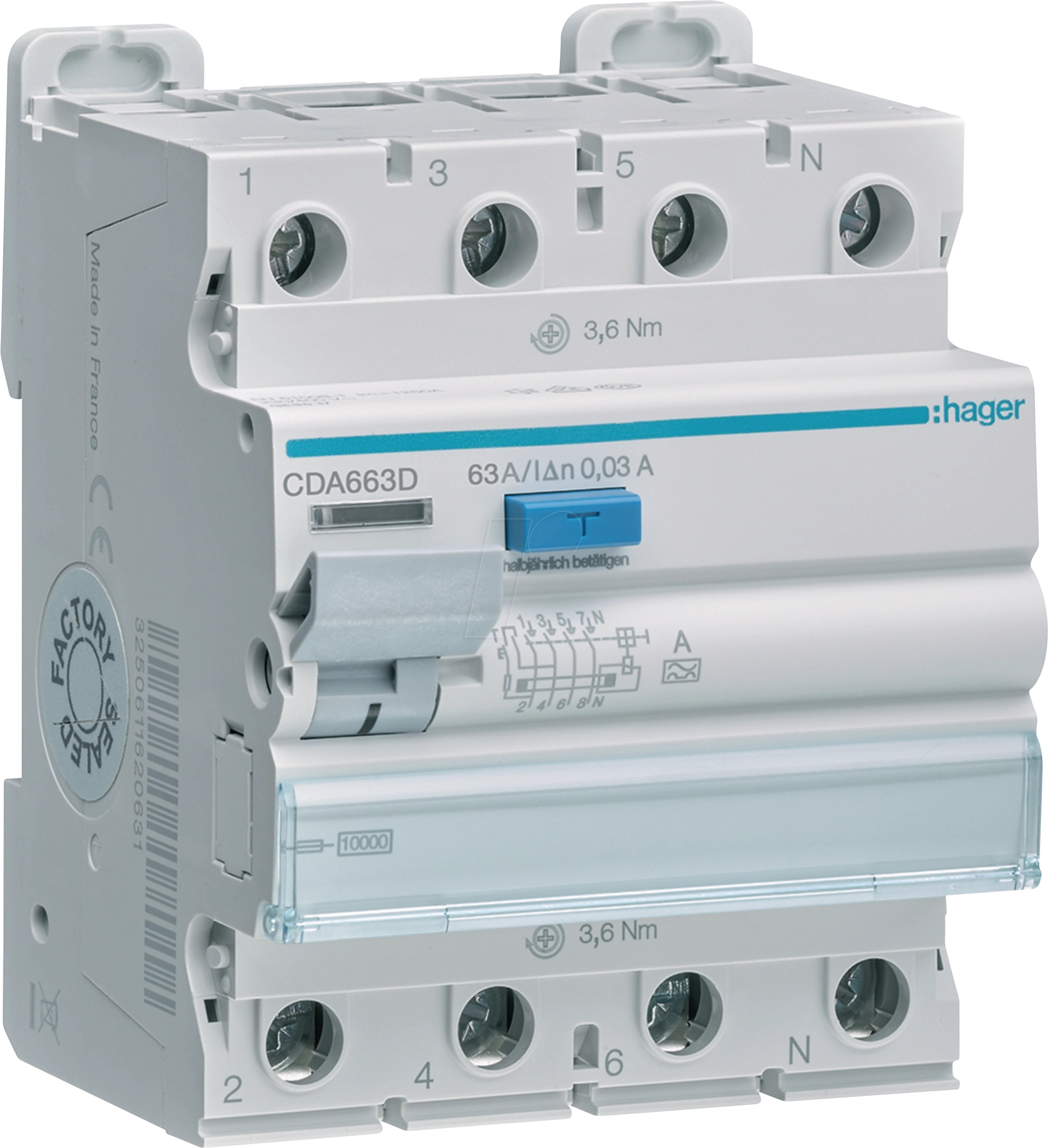 HAGER CDA663D - Fehlerstromschutzschalter, 4-polig, 10kA, 63A, 30mA, Typ A