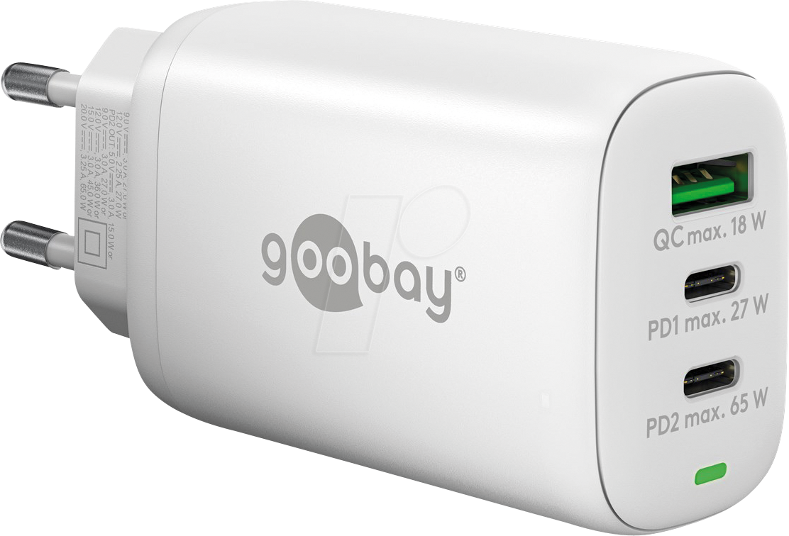 GOOBAY 65408 - USB-Ladegerät, 65 W, 1x USB-A (QC), 2x USB-C (PD), GaN, weiß