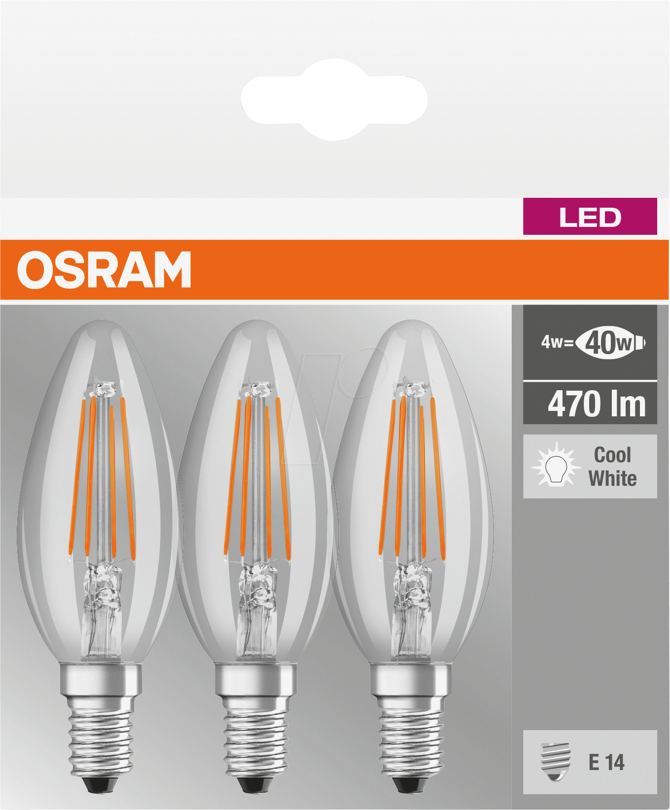 OSR 405807581971 - LED-Lampe BASE E14, 4 W, 470 lm, 4000 K, Filament, 3er-Pack
