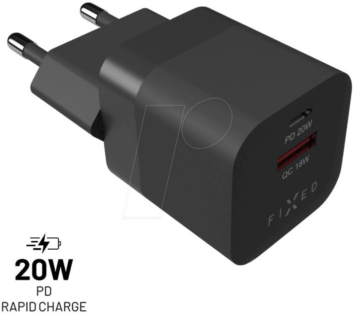 FIXC20M-CU-BK - USB-Ladegerät, 20 W, 5 V, 3 A, USB-A/USB-C, schwarz