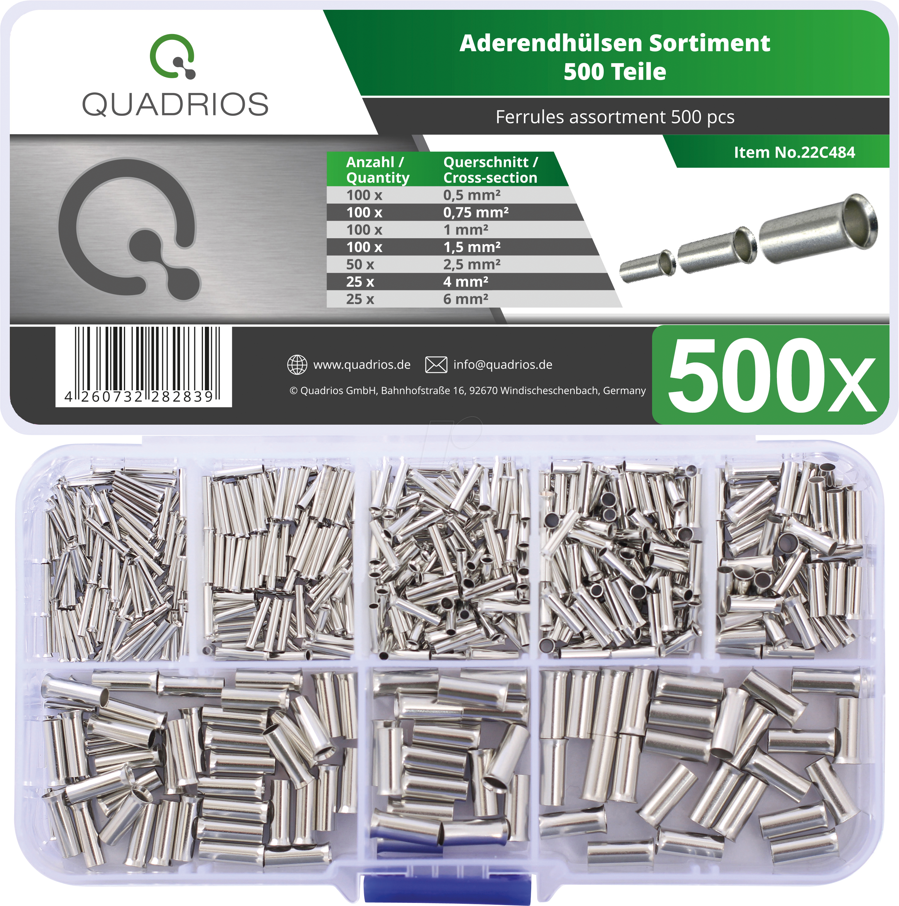 QUAD 22C484 - Aderendhülsen-Set unisoliert, 500 Stück, 0,5 - 6 mm²