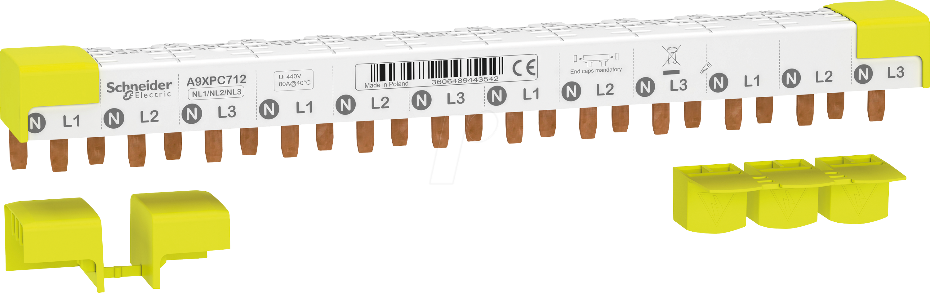 A9XPC712 - Acti9 Phasenschiene Stift, 3P+N, 9mm-Stift-Abstand, 80A, 12 Modu