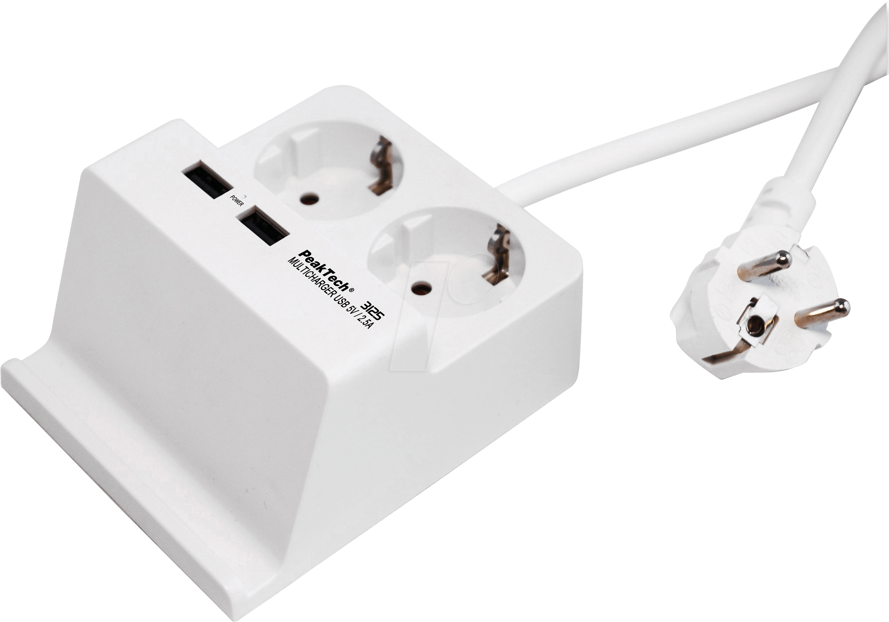 PEAKTECH 3125 - Tischsteckdose, 2-fach, Typ F, 2x USB, weiß
