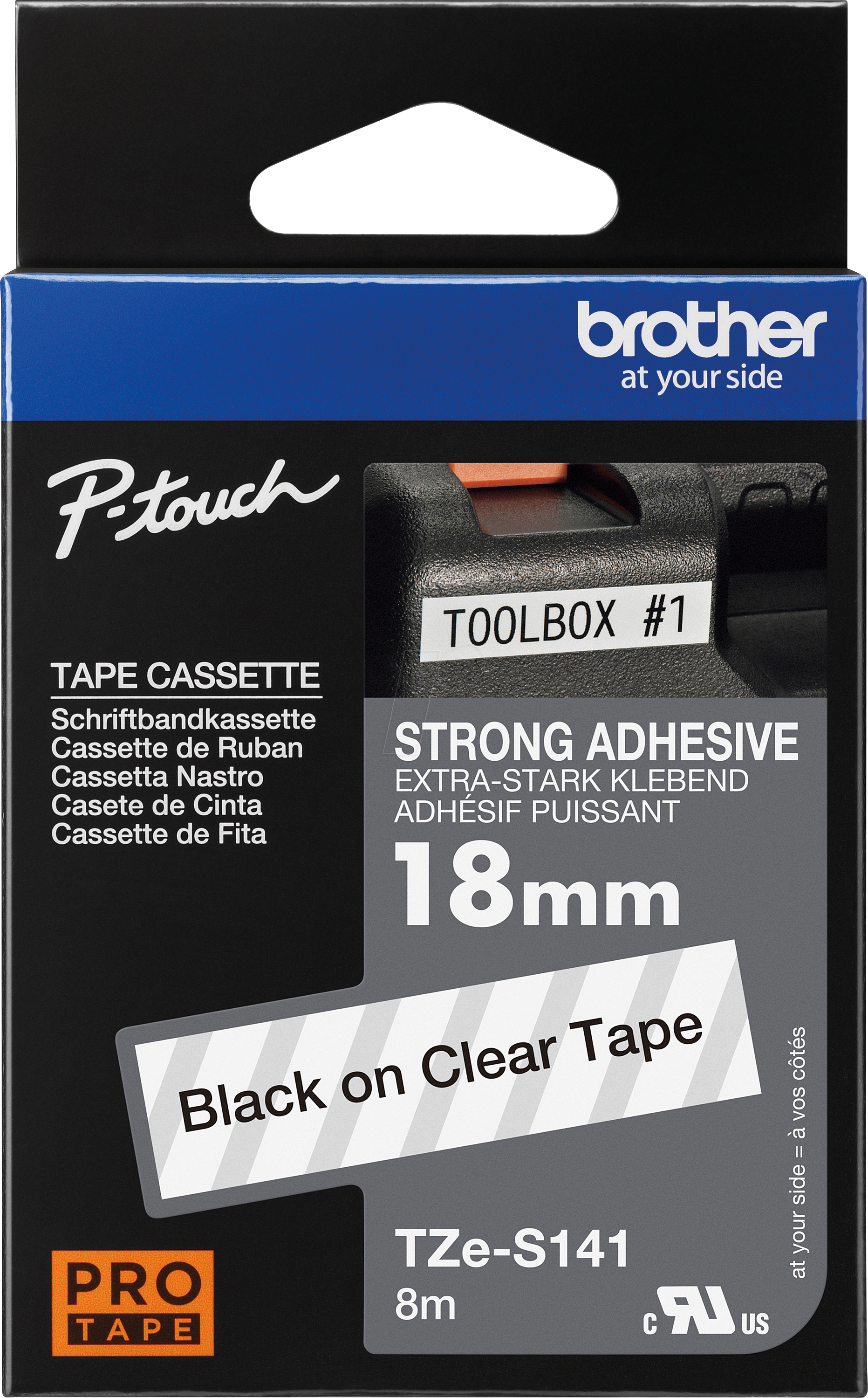 P-TOUCH TZES141 - Schriftband, extra-stark klebend, schwarz auf transparent, 18mm