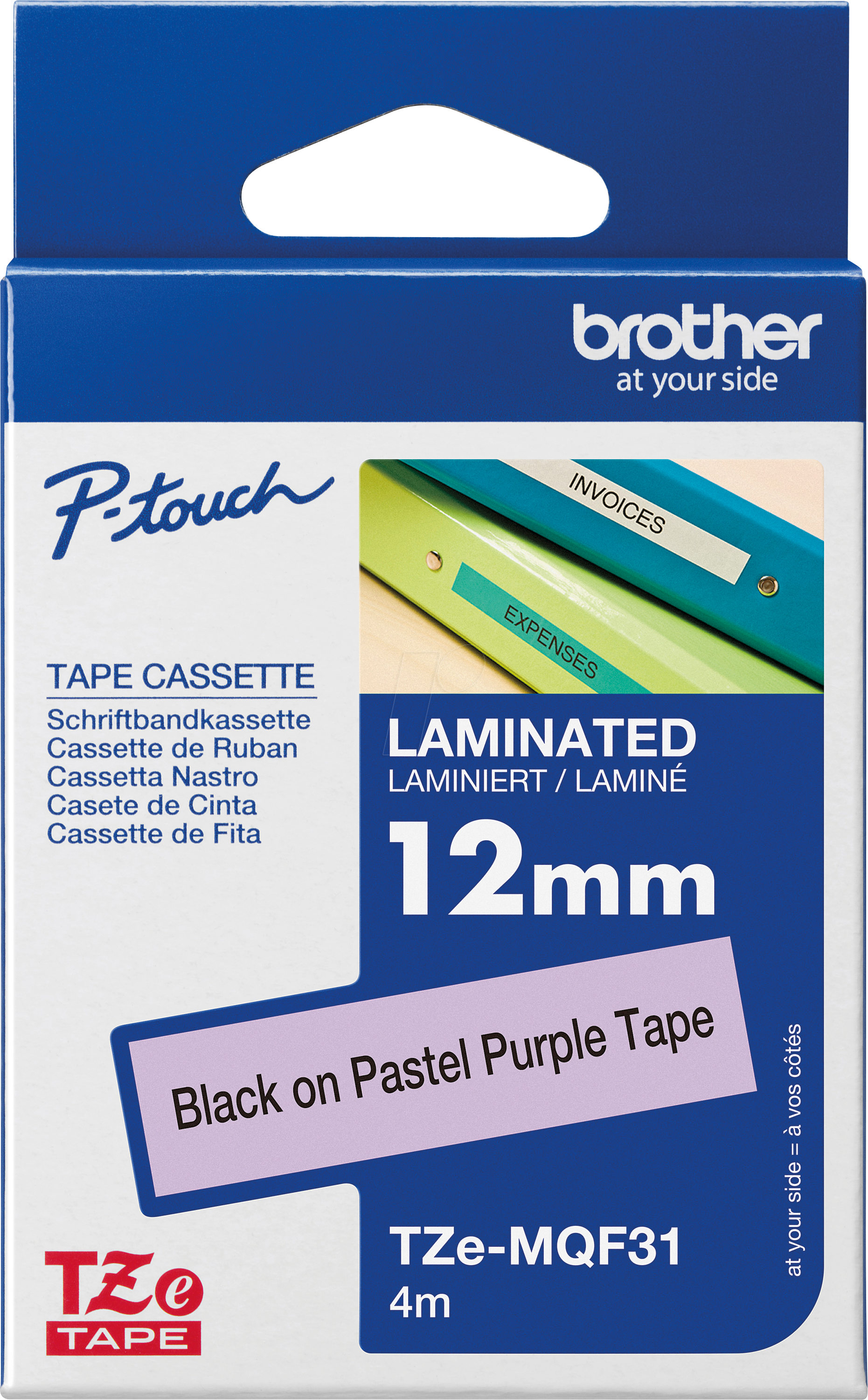 P-TOUCH TZEMQF31 - laminiertes Schriftband, schwarz auf pastell lila, 12mm