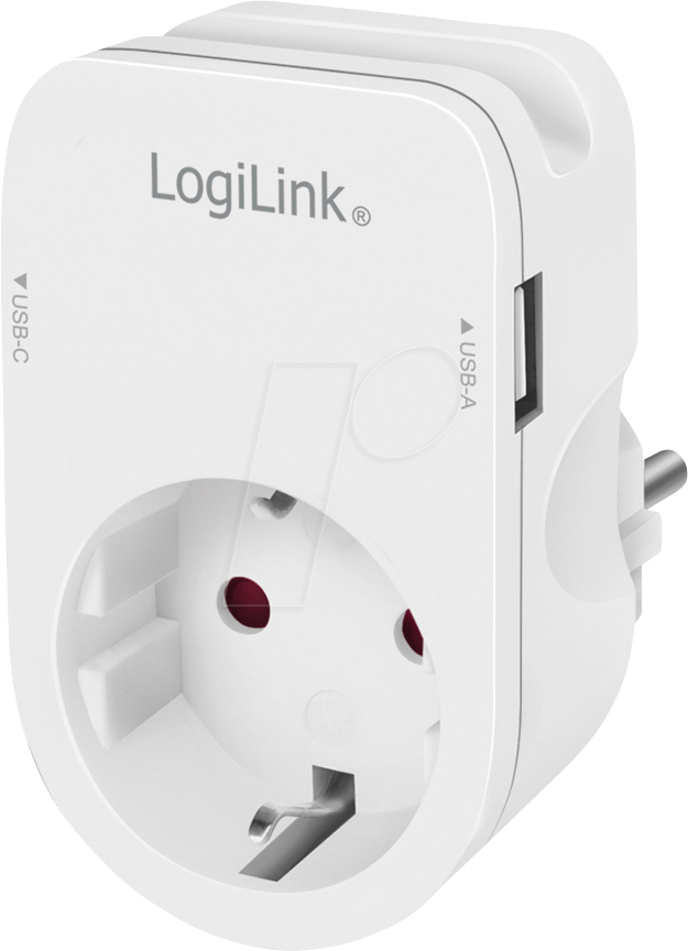 LOGILINK PA0259 - Steckdosenadapter mit Ablegehalterung, 1x USB-A, 1x USB-C