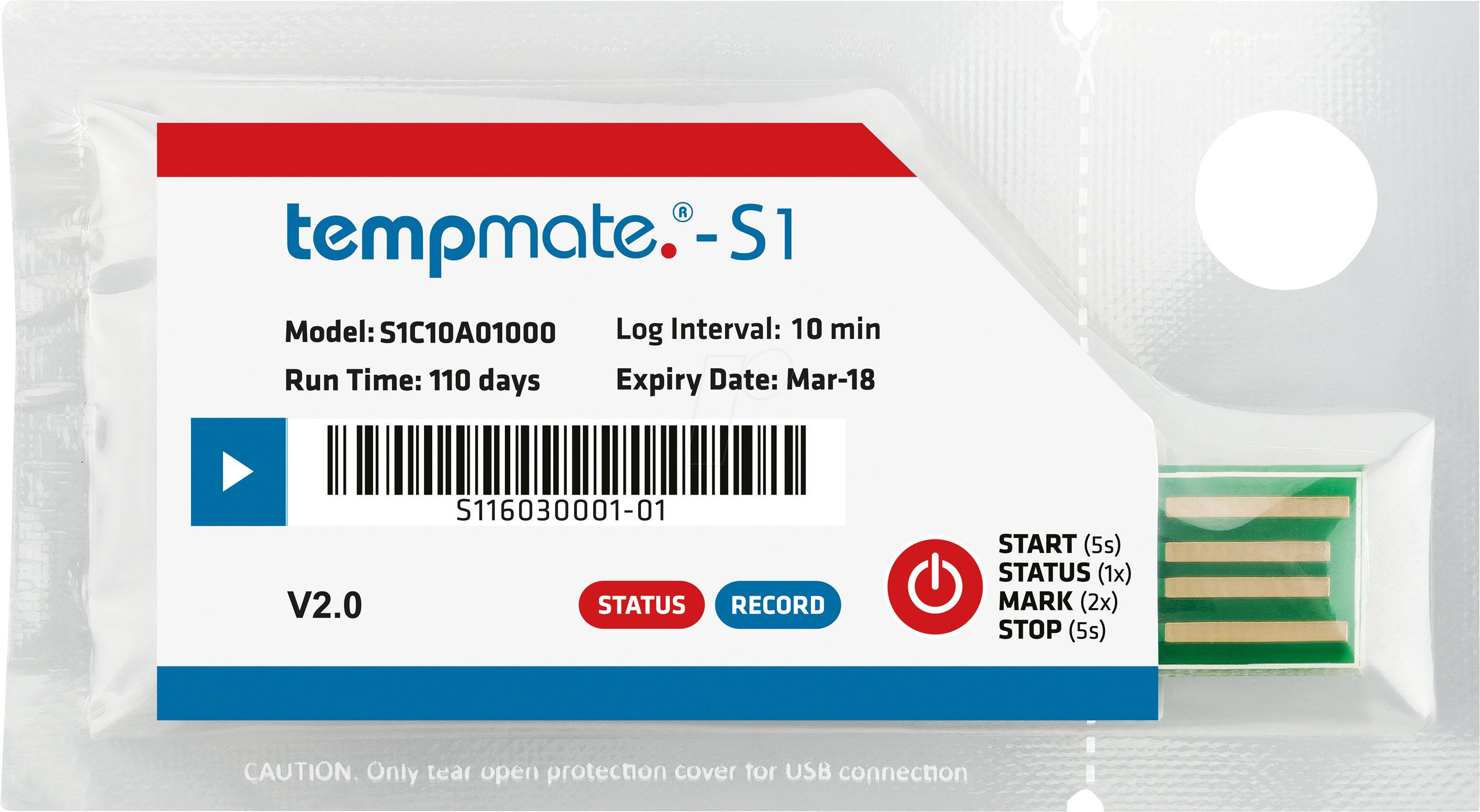TEMPMATE S1V2 - Einweg-Datenlogger, Temperatur, USB, IP 67