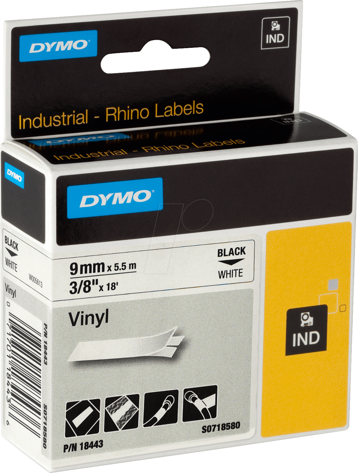 DYMO IND 18443 - DYMO IND Band Vinyl, 9mm, schwarz/weiß