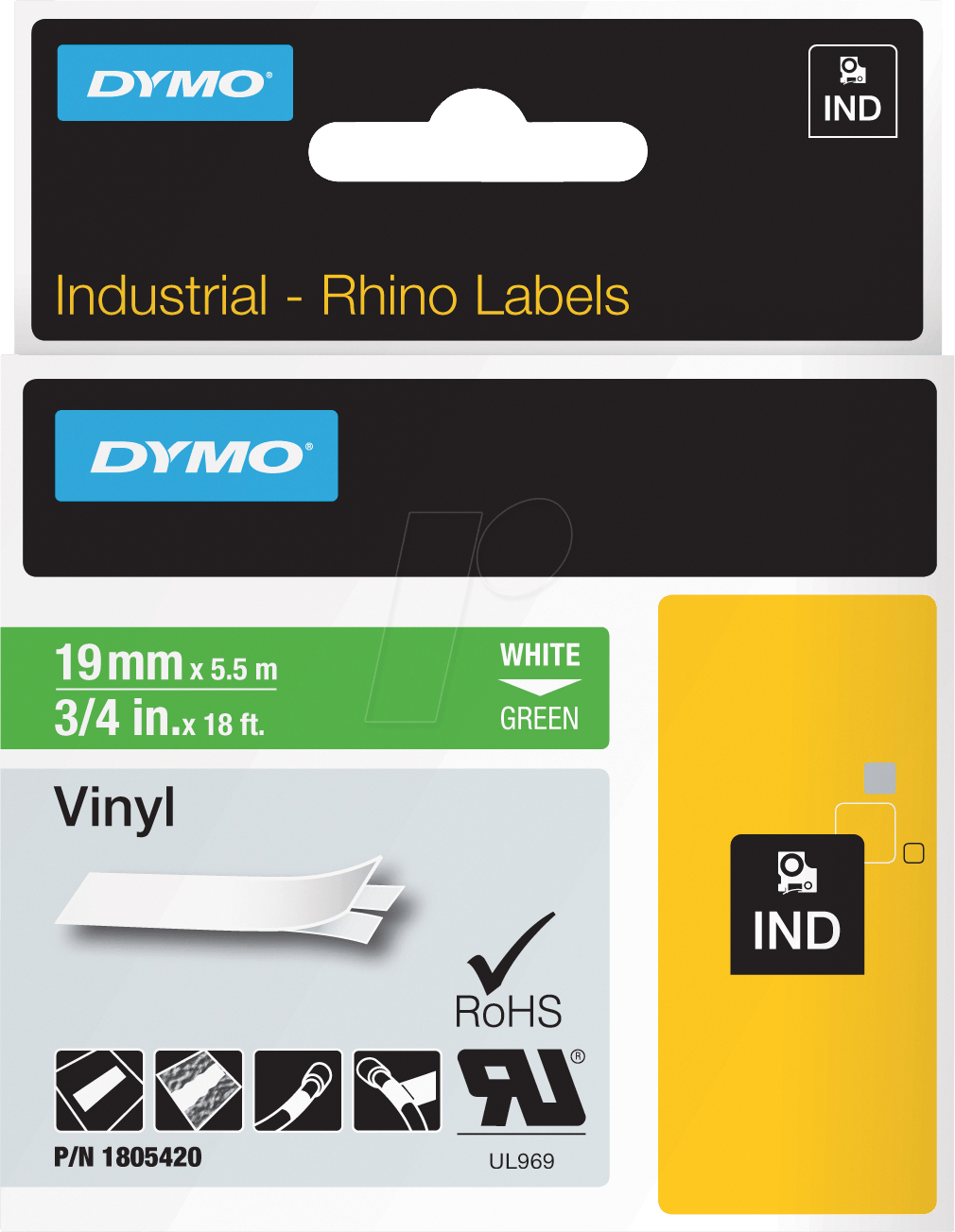 DYMO IND 1805420 - DYMO IND Band Vinyl, 19mm, weiß/grün
