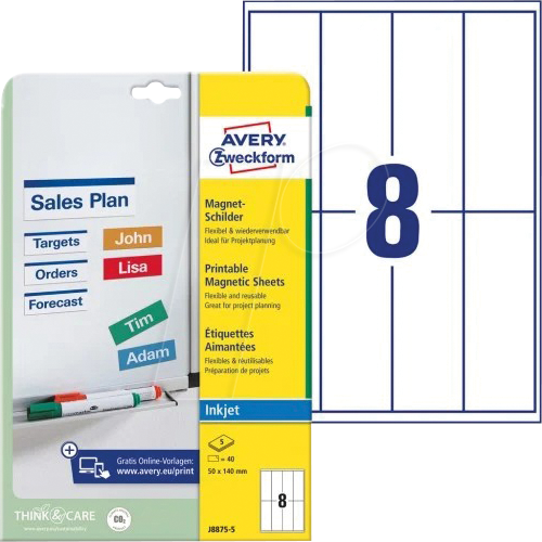 AVZ J8875-5 - Magnet-Schilder, 50 x 140 mm, Inkjet, A4, 40 Etiketten