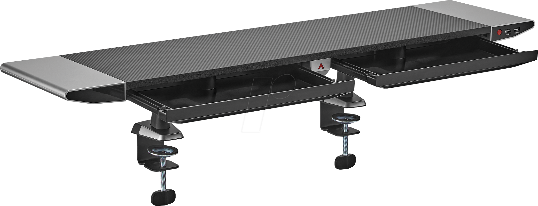 MYW HT44L - Monitorständer, zwei Schubladen, USB-Hub, Klemmbefestigung
