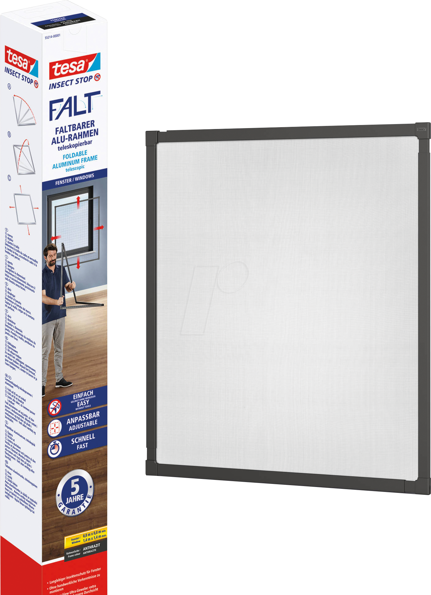 TESA 55214-01 - tesa® faltbares Fliegengitter FALT für Fenster, Anthrazit