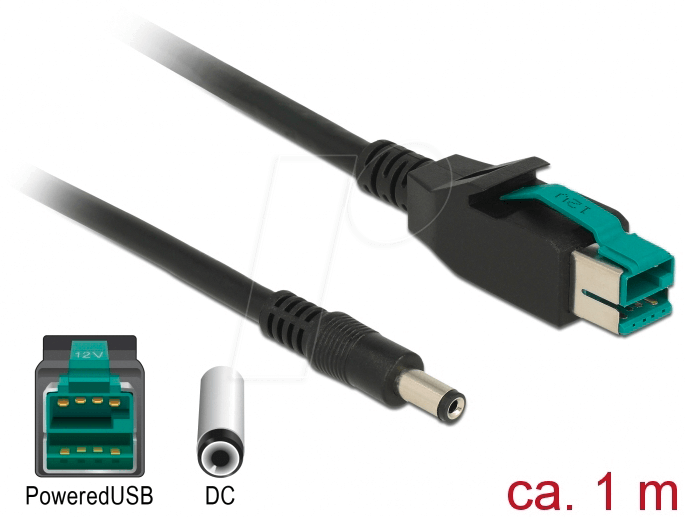 DELOCK 85497 - PoweredUSB Kabel Stecker 12V > DC 5,5 x 2,1 mm, 1 m