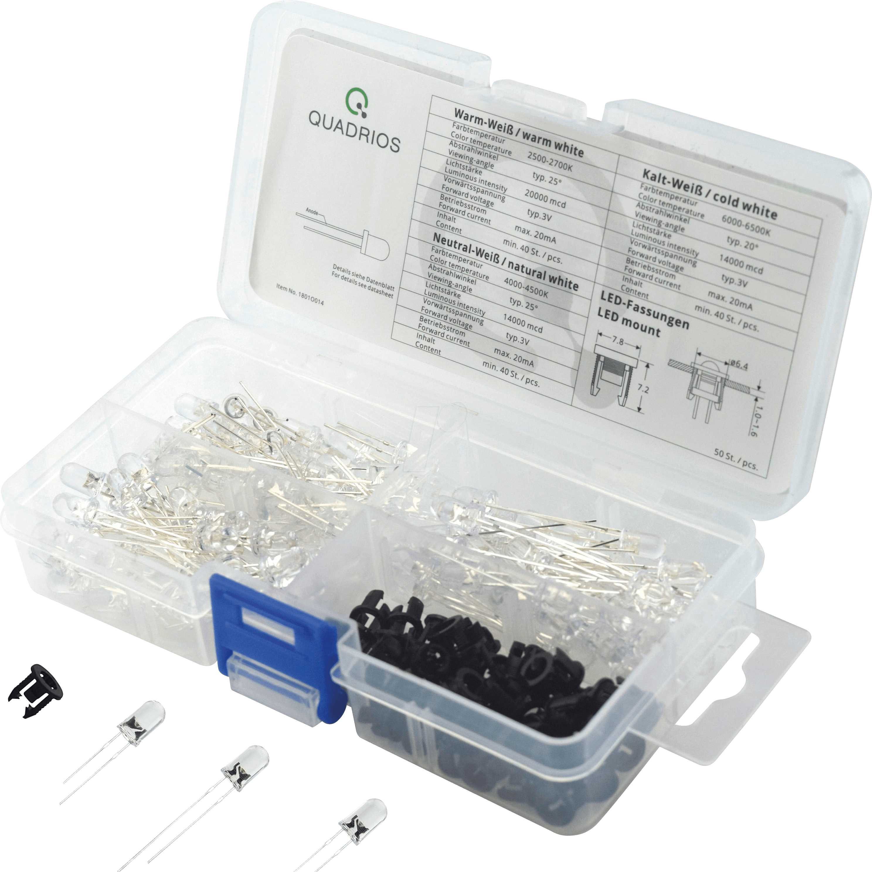 QUAD 1801O014 - LED Set 5 mm Led, warm- bis kaltweiss, Fassungen, 170 Teile
