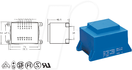 Thumbnail - EI 66/23 109 - Printtrafo, 36 VA, 9 V, 4 A, RM 35 mm