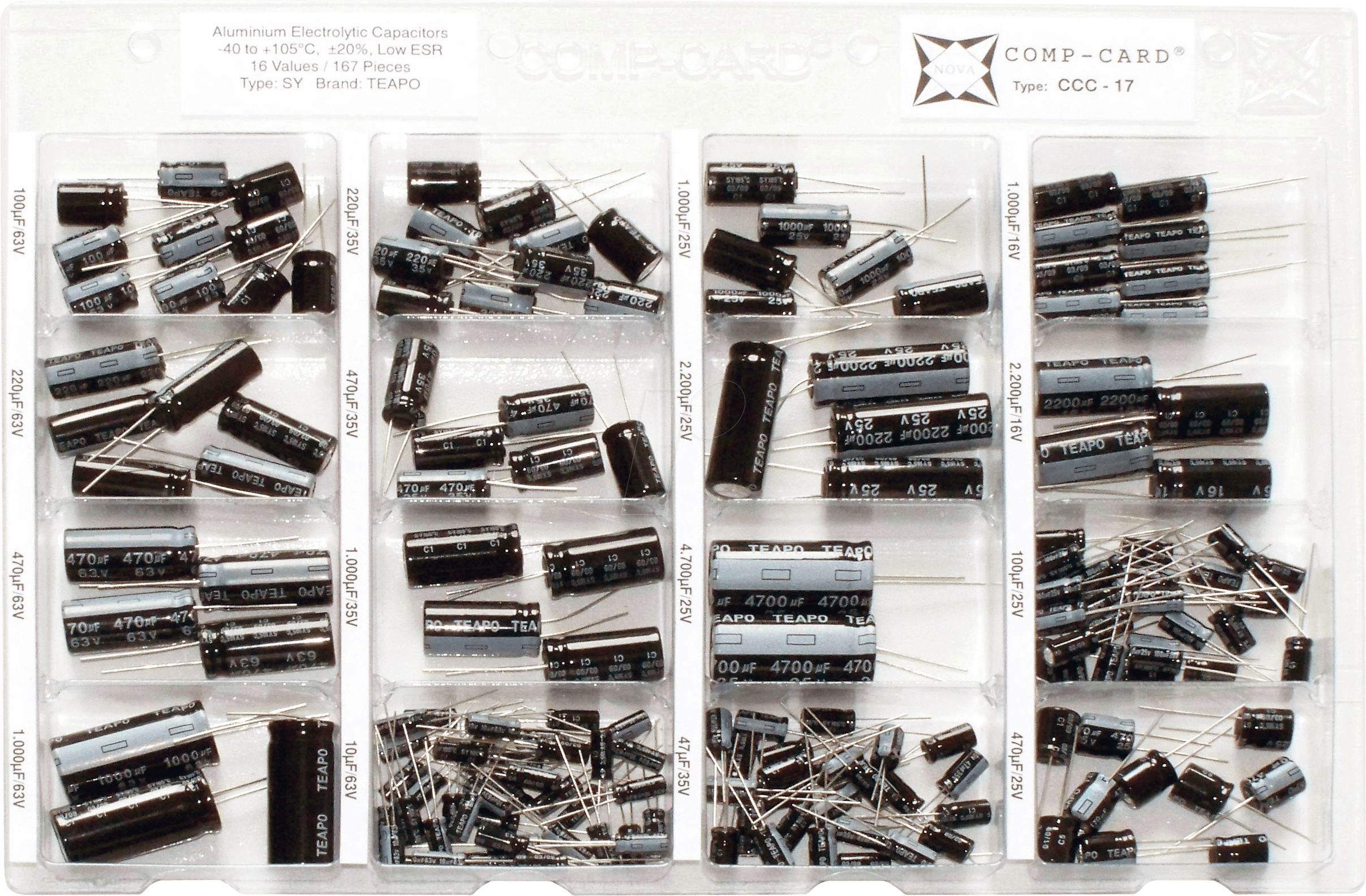 SORTIMENT CCC-17 - Sortiment Alu-Elkos, radial, LOW ESR, 16 Werte, 167 Stück