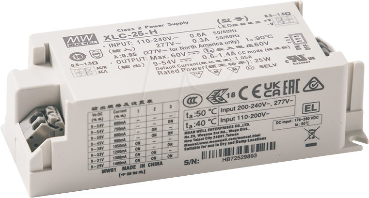 MW XLC-25-H-DA2S - LED-Netzteil, 25 W, 9-54 V, 0,3 - 1,05 A, DALI 2, CP