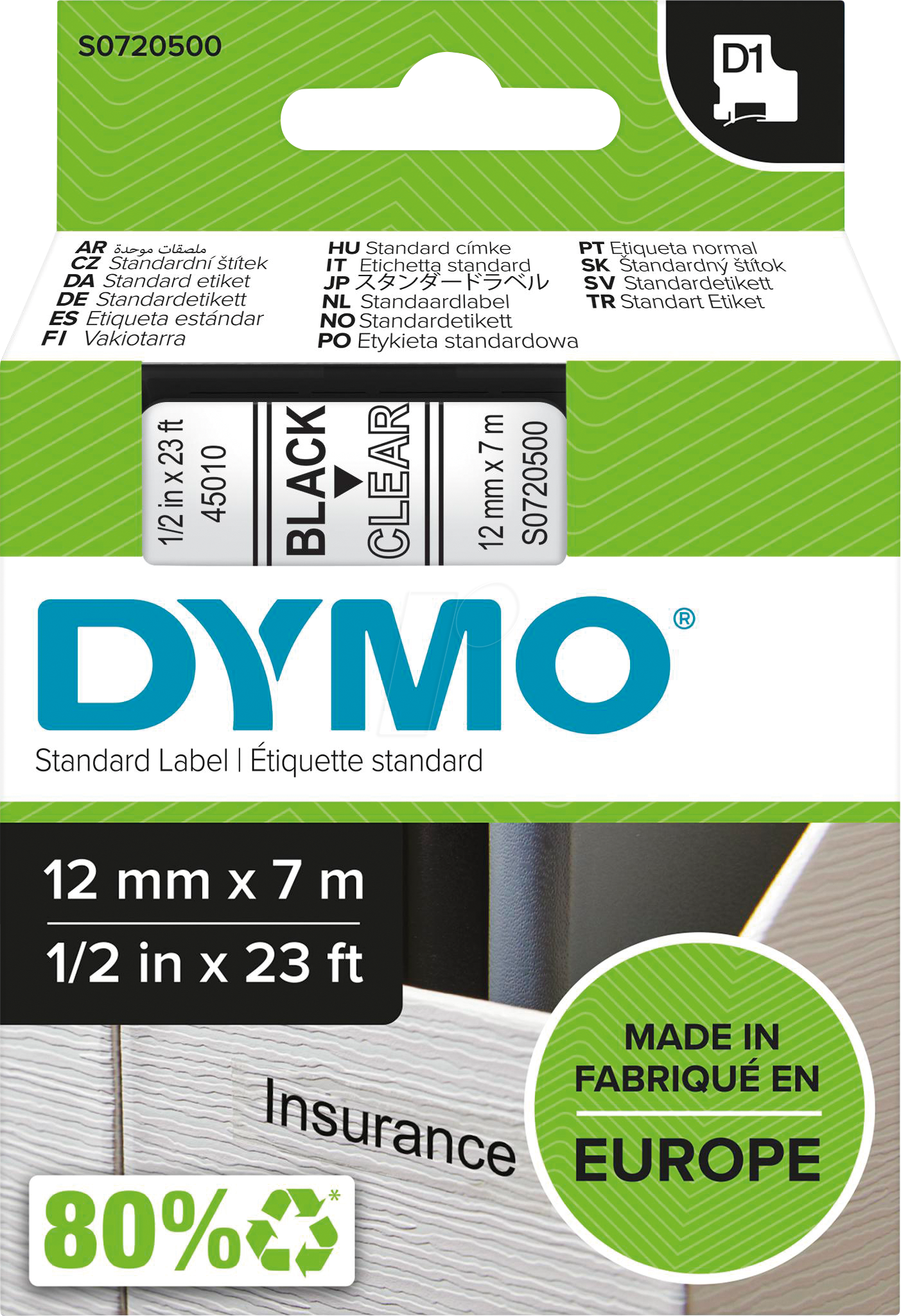 Thumbnail - DYMO D1 45010 - DYMO D1 Schriftband, 12mm, schw./transparent