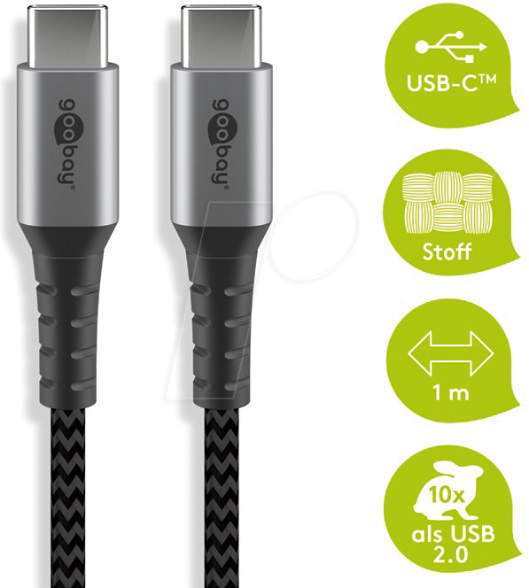 GOOBAY 49302 - Sync- & Ladekabel, USB-C > C, 1,0 m,Textil, schwarz