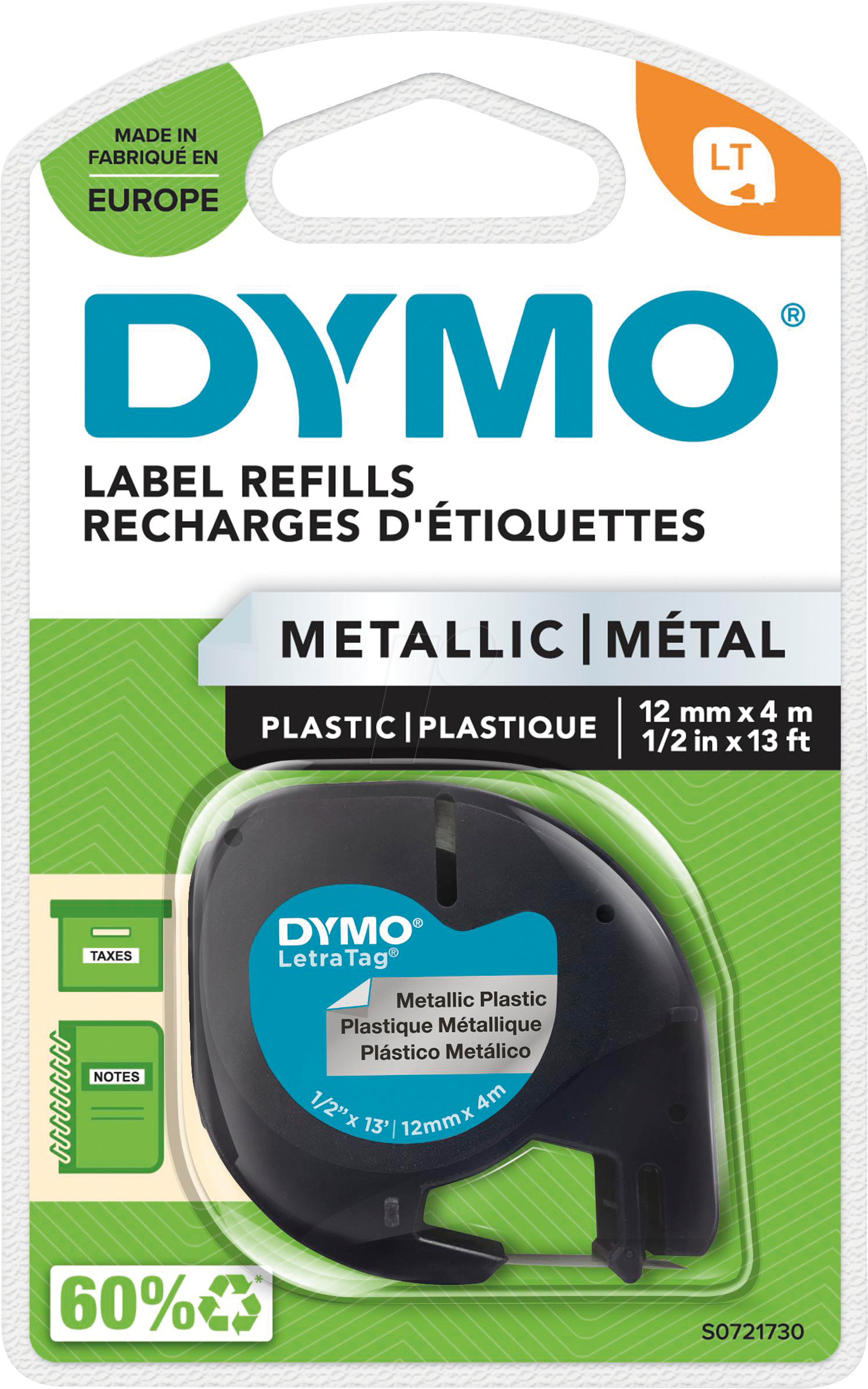 Thumbnail - DYMO S0721730 - Beschriftungsband, Plastik, schwarz/silbermetallic, LetraTag®