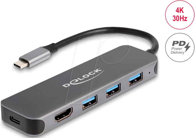 DELOCK 64171 - USB-Hub 3.0 Typ-C, 3x USB-A, 1x HDMI, PD 85 W