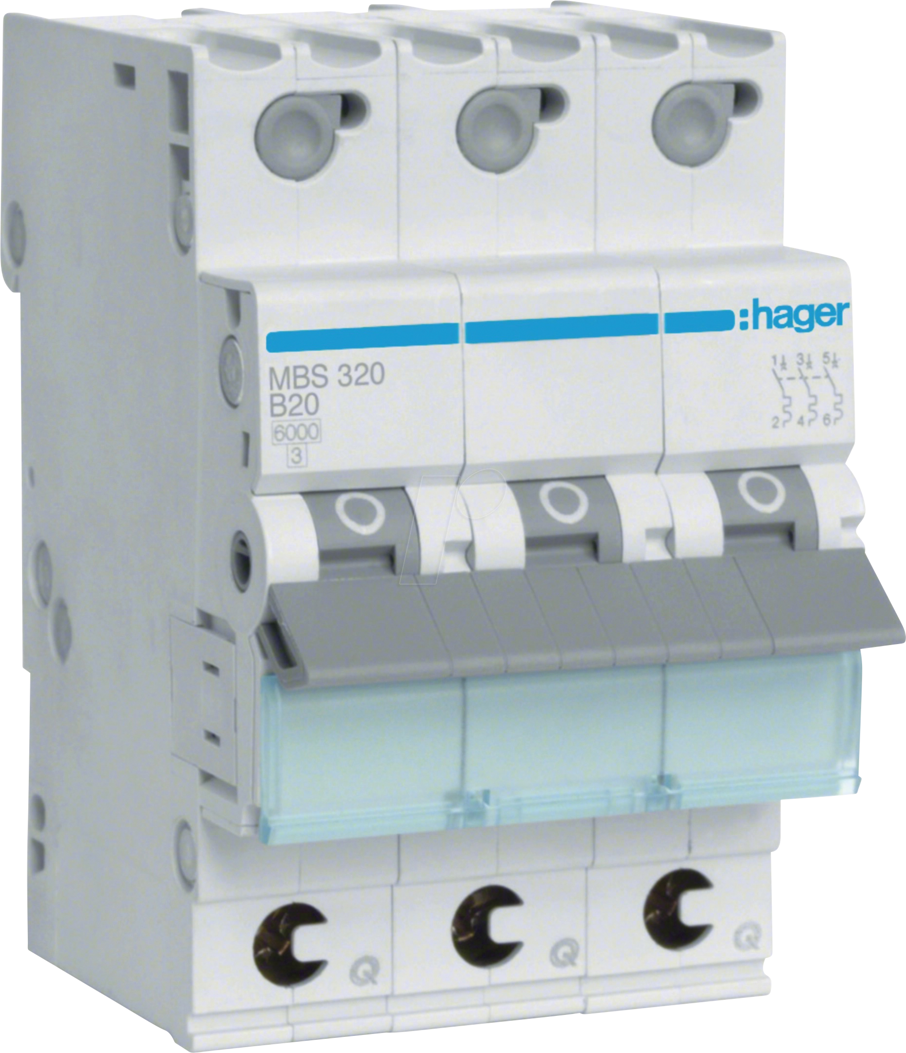 HAGER MBS320 - Leitungsschutzschalter, 3-polig, 6kA, B-Charakteristik, 20A, 3TE