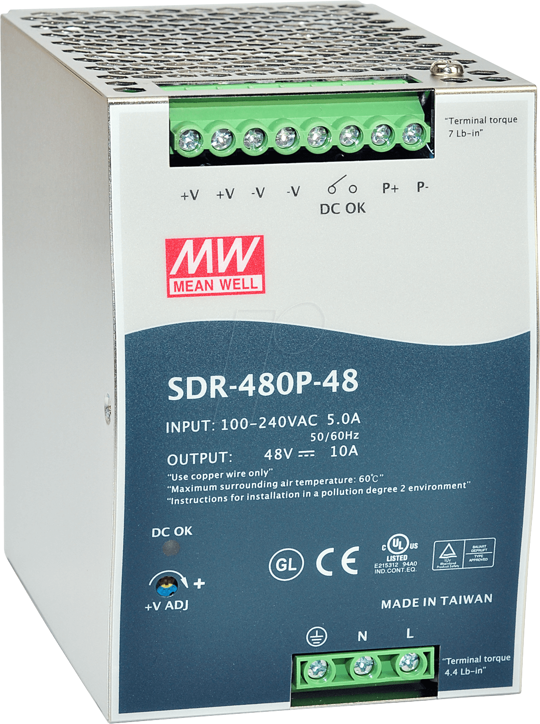 MW SDR480P-48 - Schaltnetzteil, Hutschiene, 480 W, 48 V, 10 A