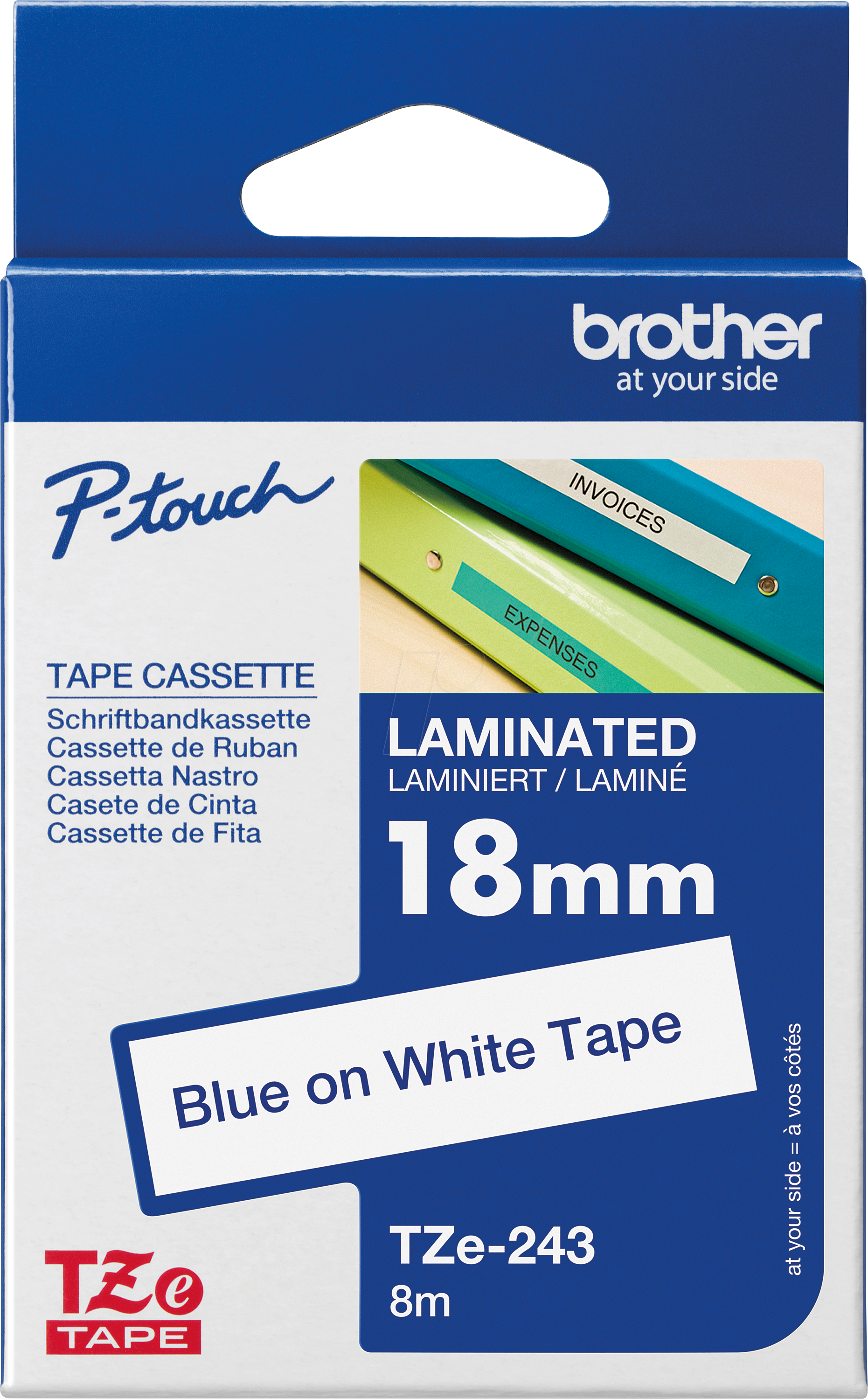 P-TOUCH TZE243 - laminiertes Schriftband, blau auf weiß, 18 mm