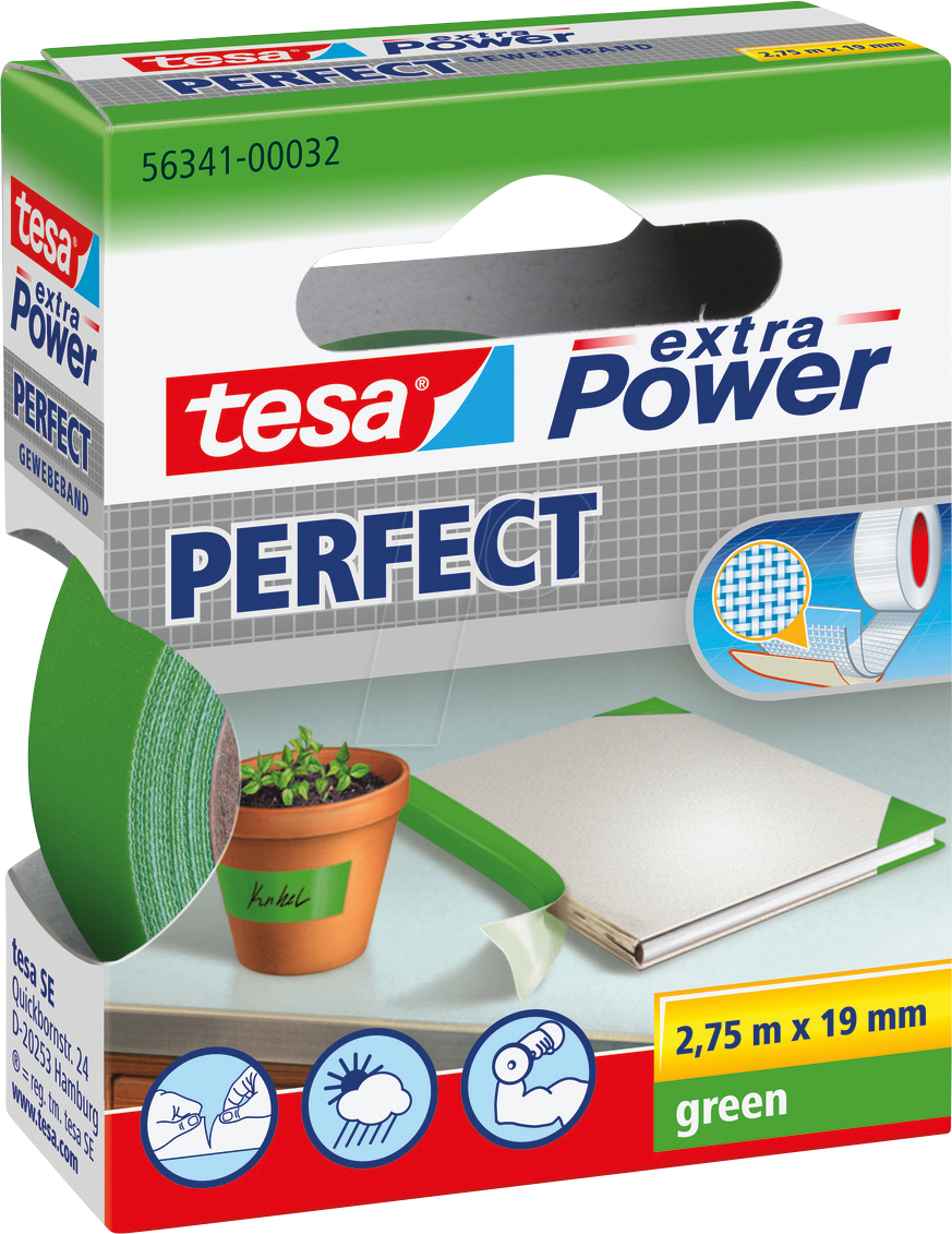 TESA 56341 GN - Gewebeband tesa extra Power® Perfect, 2,75 m x 19 mm, grün