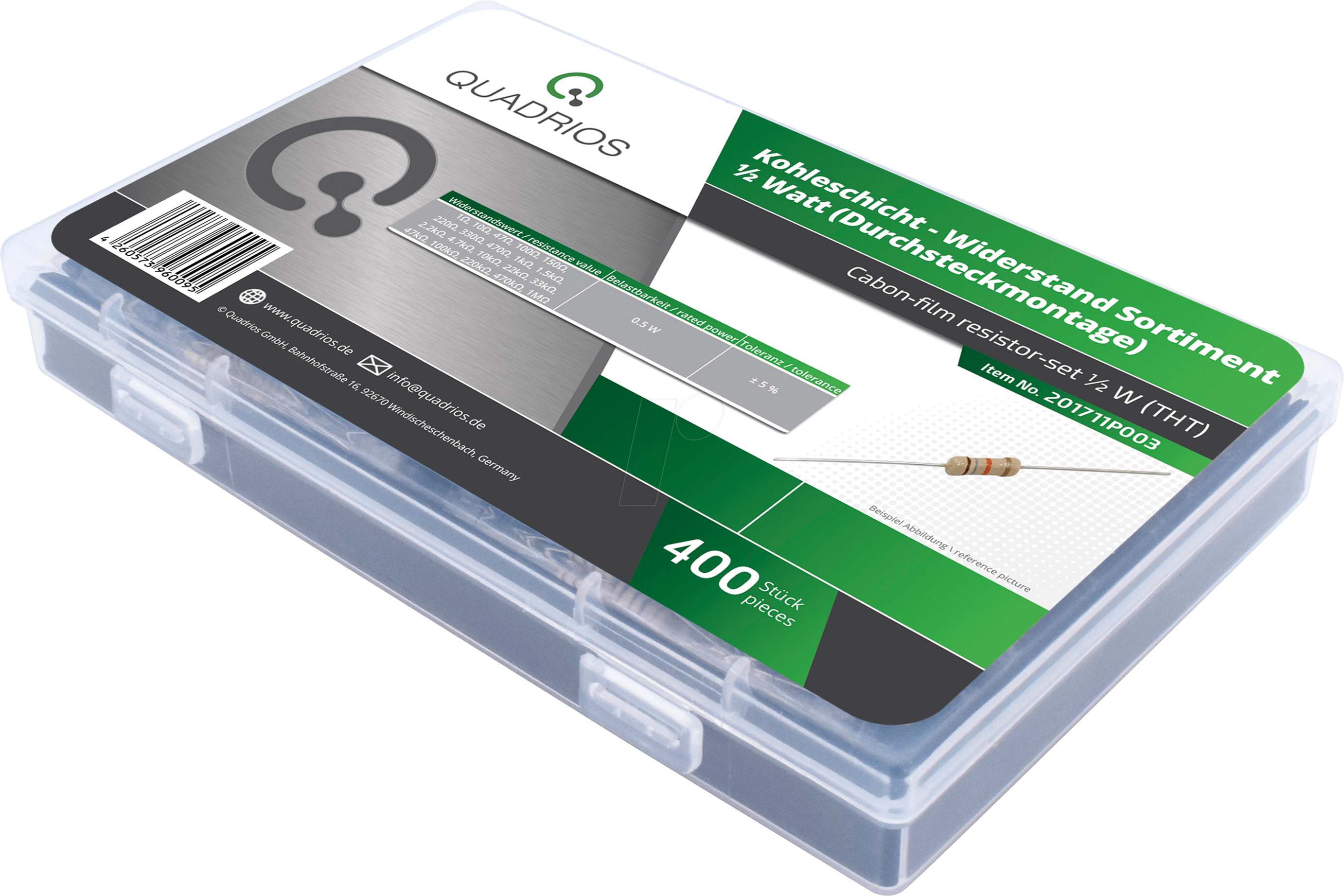 QUAD 201711P003 - Kohleschicht-Widerstand 0,5 W, 1 Ohm - 1M Ohm, 400 Stück