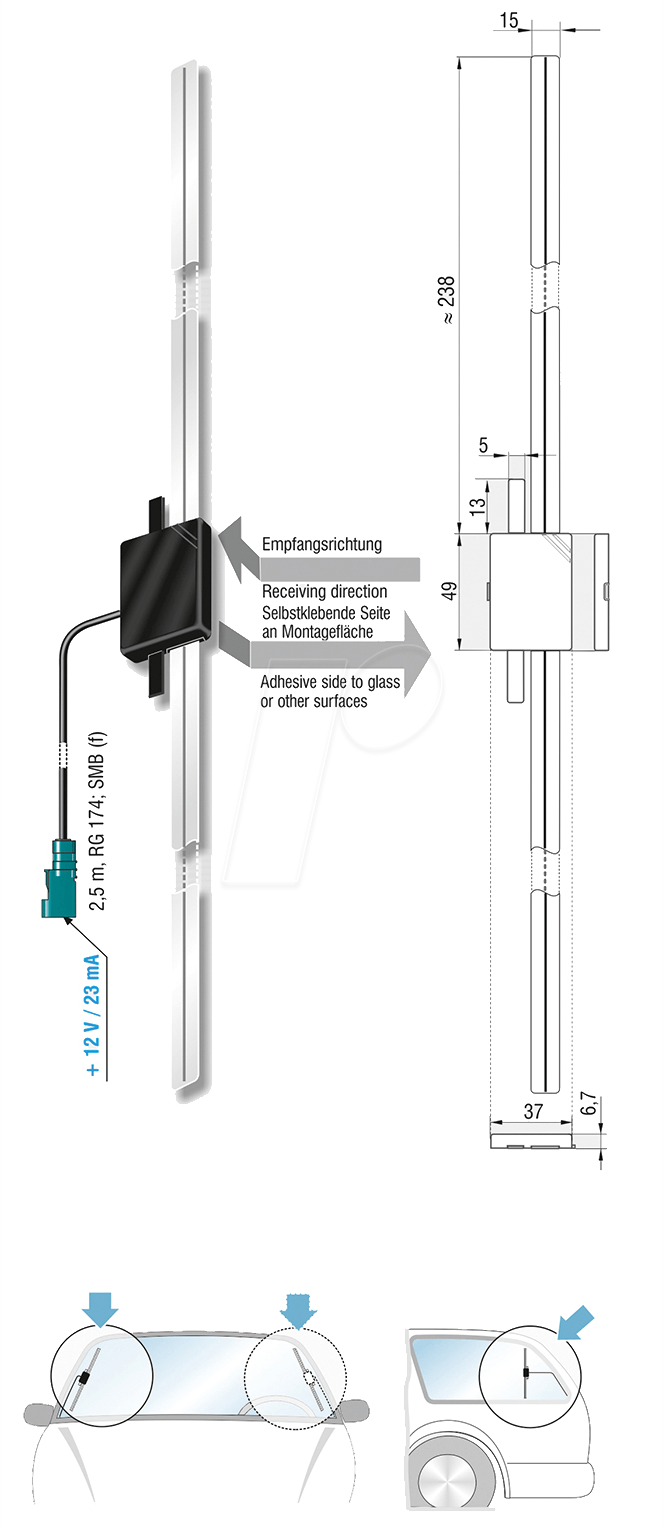 ATTB 4570.02 - Glasklebe-Innenantenne - FM, DAB, DAB+ (Band III/L-Band)