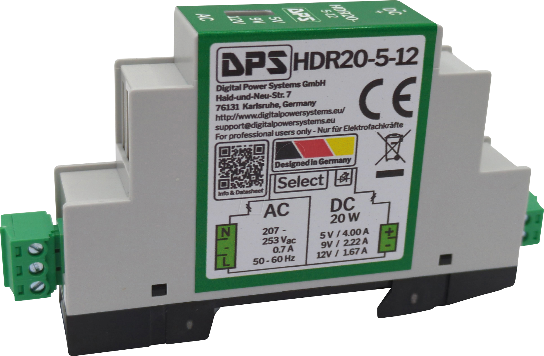 DPS HDR20-5-12 - Schaltnetzteil, Hutschiene, 5/9/12 V, 3/2,22/1,67 A