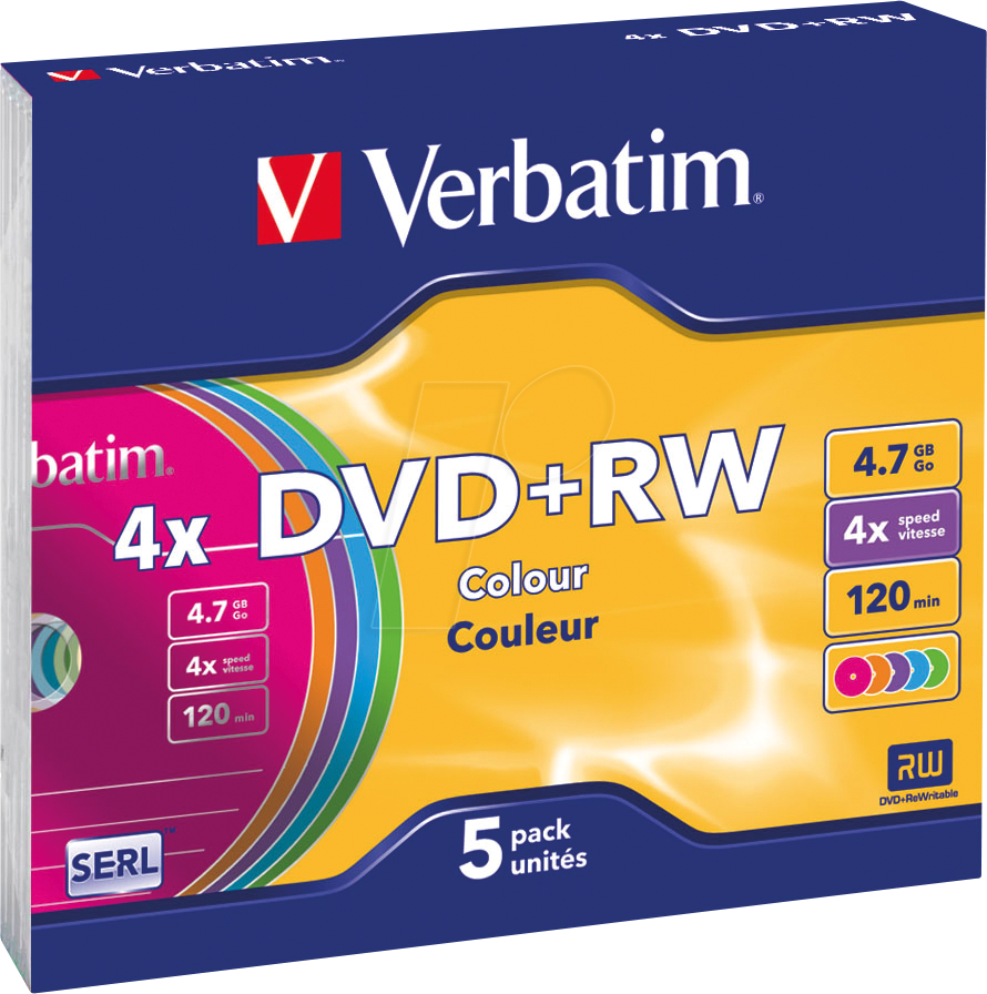 VERBATIM 43297 - DVD+RW 4,7 GB, Colour, 5er Pack Slim Case