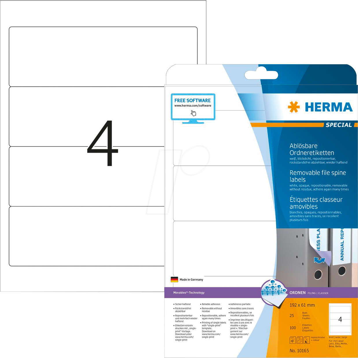 HERMA 10165 - Ordner-Etiketten, 192 x 61 mm, 100 Stück, weiß