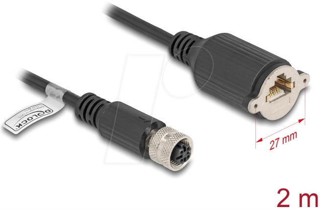 DELOCK 80453 - M12 Kabel D-kodiert 4 Pin Buchse zu RJ45 Buchse , 2 m