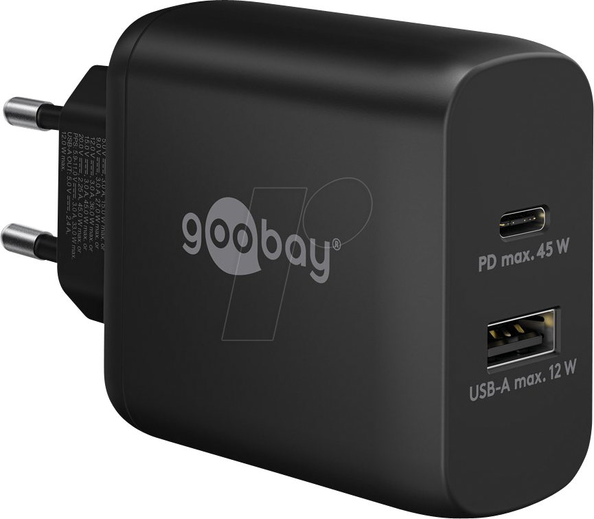 GOOBAY 65411 - USB-Ladegerät, 45 W, 1x USB-A, 1x USB-C (PD), GaN, schwarz